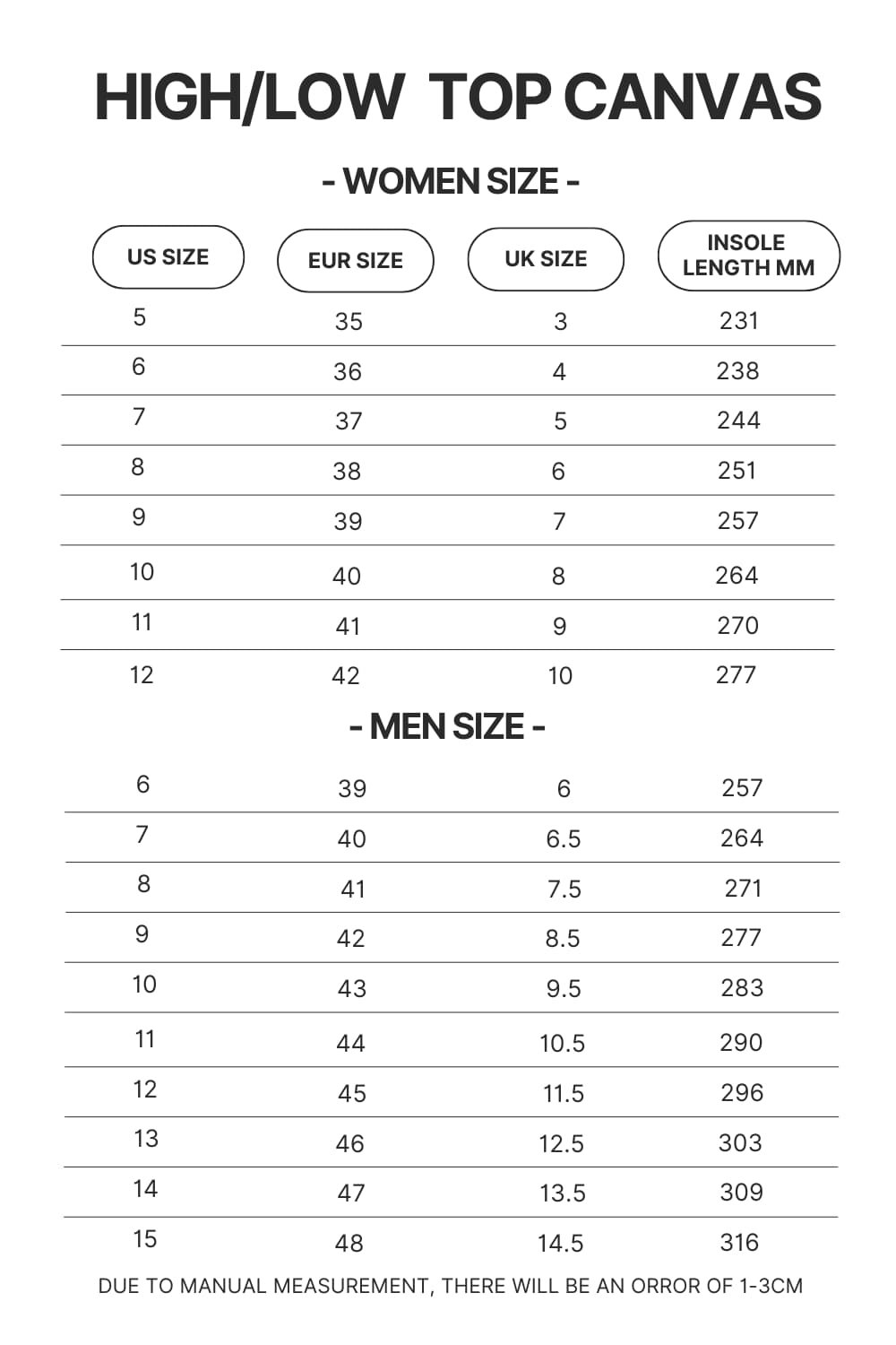 High Top Low Top Canvas Shoes Size Chart - High School DxD Shop